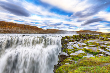 Dramatic sunset view  of the most powerful waterfall in Europe called Dettifoss