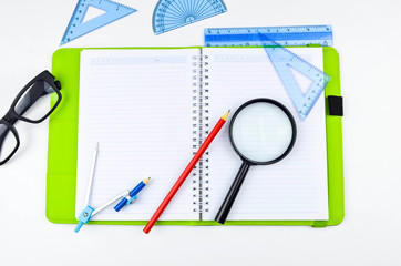 Draughtsmanship tools on the white background.