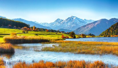 Splendid autumn panorama of Haidersee (Lago della Muta) lake with Ortler peak on backgroun