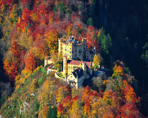 Aerial view of famous Hohenschwangau castle in autumn.