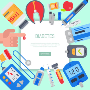 Diabetes mellitus care web banner vector illustration. Doctor cares about diabetics. Sugar and insulin levels, healthy living for health. For websites and landing pages