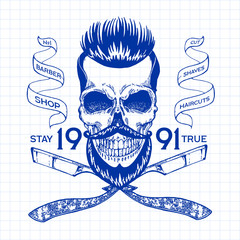 Vintage, hipster skull barbershop logo in old style, vector.