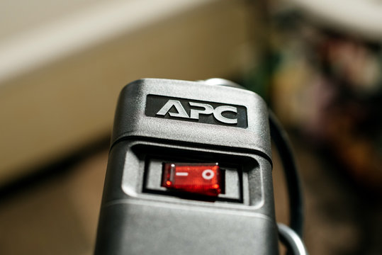 PARIS, FRANCE - MAR 31, 2018: Logotype on the APC UPS power strip with four power outlets