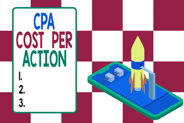 Handwriting text writing Cpa Cost Per Action. Conceptual photo Commission paid when user Clicks on an Affiliate Link Ready to launch rocket lying smartphone. Startup negotiations to begin