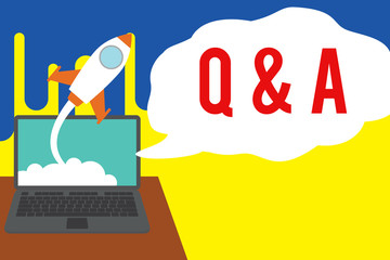 Word writing text Q And A. Business photo showcasing a period of time or an occasion when someone answers questions Successful rocket launching clouds out laptop background. Startup growing