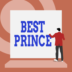 Handwriting text writing Best Prince. Conceptual photo the male royal ruler of a small country Son of the king or queen Back view young man dressed suit standing platform facing blank rectangle