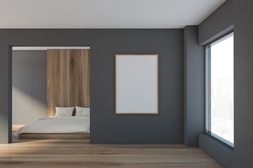 Gray and wood minimalistic bedroom with poster