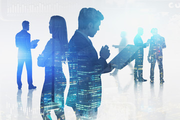 Business team in night city, infographic interface