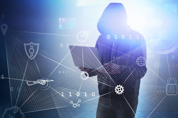 Hacker with laptop, big data interface