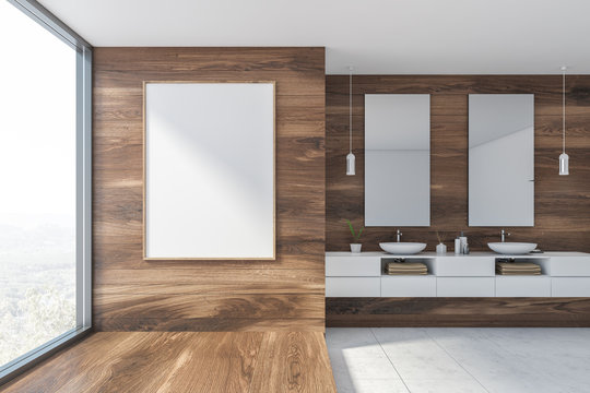 Wooden bathroom with double sink and poster