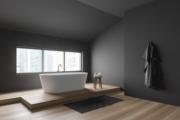 Gray bathroom corner with bathtub