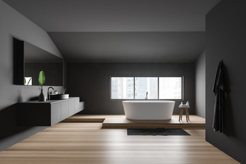 Minimalist gray bathroom interior, tub and sink