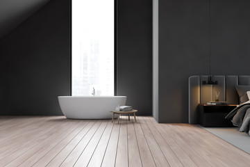 Gray attic bathroom interior with tub and bedroom