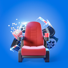 Red cinema chair over blue background