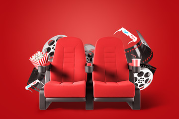 Two red cinema chairs over red background - obrazy, fototapety, plakaty