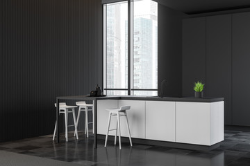 Spacious gray kitchen corner with white bar