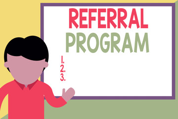 Conceptual hand writing showing Referral Program. Concept meaning employees are rewarded for introducing suitable recruits Man standing front whiteboard pointing to project photo Art