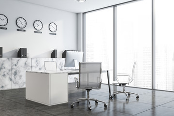 Fototapeta na wymiar White marble panoramic CEO office with clocks