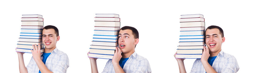 Student with lots of books on white