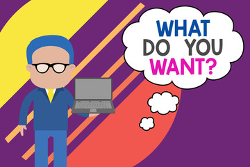 Handwriting text writing What Do You Want Question. Conceptual photo say or write in order to ask demonstrating about something Standing man in suit wearing eyeglasses holding open laptop photo Art