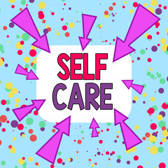 Writing note showing Self Care. Business concept for the practice of taking action to improve one s is own health Asymmetrical uneven shaped pattern object multicolour design