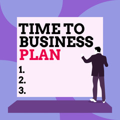 Conceptual hand writing showing Time To Business Plan. Concept meaning organizing schedule for work Marketing product Back view Man dressed standing platform facing blank rectangle