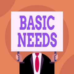 Word writing text Basic Needs. Business photo showcasing something that you must have in order to sustain or live life Just man chest dressed dark suit tie no face holding blank big rectangle