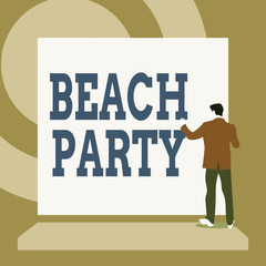 Handwriting text writing Beach Party. Conceptual photo large group of showing are organizing an event at the beach Back view young man dressed suit standing platform facing blank rectangle