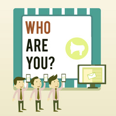 Word writing text Who Are You question. Business photo showcasing asking about demonstrating identity or demonstratingal information SMS Email Marketing Media Audience Attraction Personal Computer