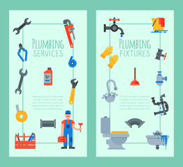 Vertical banners of plumbing tools, fixtures and services vector illustration. Plumber with plunger and suitcase repairing appliances.