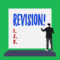 Handwriting text Revision. Conceptual photo action of revising over someone like auditing or accounting Short hair immature young man stand in front of rectangle big blank board