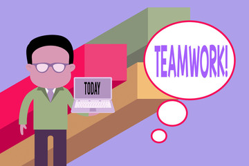 Writing note showing Teamwork. Business concept for combined action of group especially when effective and efficient Standing man in suit wearing eyeglasses holding open laptop photo Art