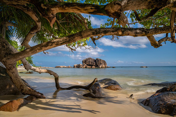 amazing tropical landscape view on the paradise beaches of Seychelles, travel, luxury holiday concept