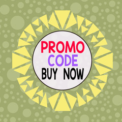 Conceptual hand writing showing Promo Code Buy Now. Concept meaning Giving great discount by entering special words Asymmetrical uneven shaped pattern object multicolour design
