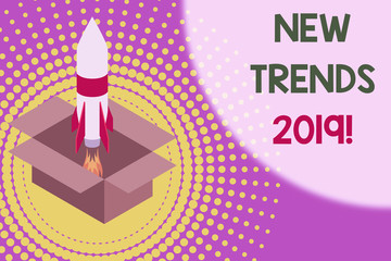 Text sign showing New Trends 2019. Business photo showcasing general direction in which something is developing Fire launching rocket carton box. Starting up project. Fuel inspiration