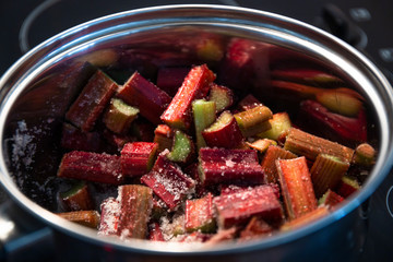 Cooking the rhubarb in the pot