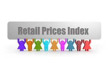 Retail Prices Index word on a banner hold by group of puppets