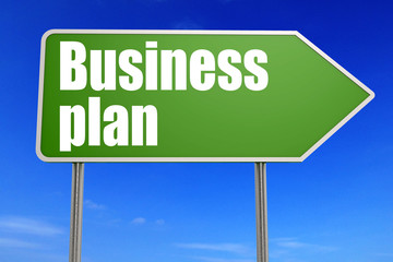 Business plan word with green road sign