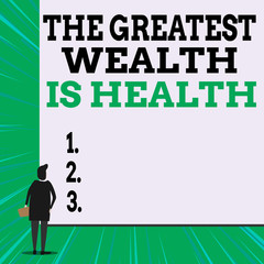 Writing note showing The Greatest Wealth Is Health. Business concept for Many sacrifice their money just to be healthy Woman watching blank big rectangle. Geometrical background
