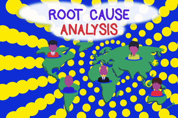 Word writing text Root Cause Analysis. Business photo showcasing Method of Problem Solving Identify Fault or Problem Connection multiethnic persons all over world. Global business earth map