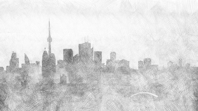 Drawing of a big city with pencil doodles style - silhouettes of buildings
