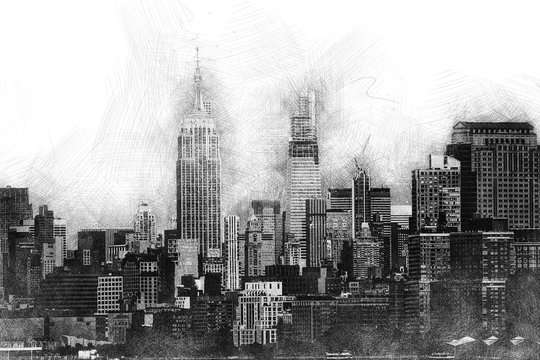 Drawing of a big city with pencil style - realistic cityscape with buildings