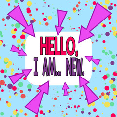 Writing note showing Hello I Am New. Business concept for introducing oneself in a group as fresh worker or student Asymmetrical uneven shaped pattern object multicolour design