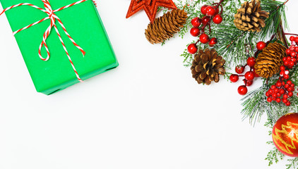 Christmas composition decorations, fir tree branches on white background
