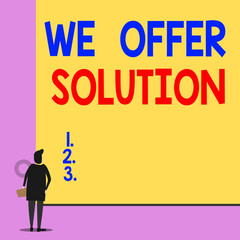 Text sign showing We Offer Solution. Business photo showcasing Provide products or services aim to meet a particular need Back view young woman watching blank big rectangle. Geometrical background