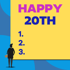 Writing note showing Happy 20Th. Business concept for a joyful occasion for special event to mark the 20th year Back view young woman watching blank big rectangle