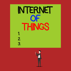 Handwriting text Internet Of Things. Conceptual photo connection of Devices to the Net to Send Receive Data Isolated view young man standing pointing upwards two hands big rectangle