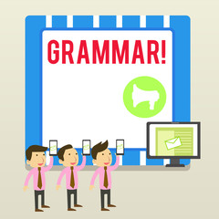 Word writing text Grammar. Business photo showcasing whole system structure language syntax and morphology SMS Email Marketing Media Audience Attraction Personal Computer Loudspeaker