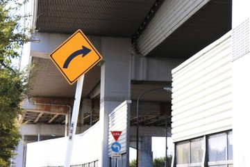 側道道路に設置されている警戒標識
