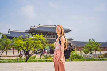 Woman tourist in korea. Travel to Korea concept